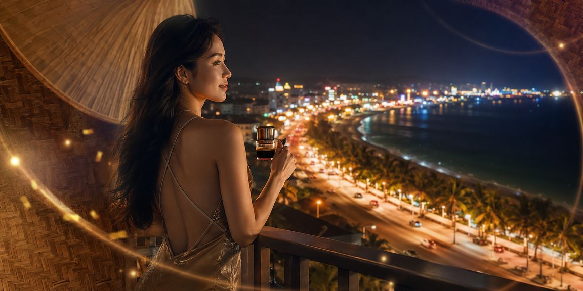 Phan Thiết với điện thoại mở trang casino và nón lá Việt Nam